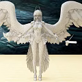 Fantasy Game Character With Large Black Wings Red Black Outfit Shield And Golden Sword
