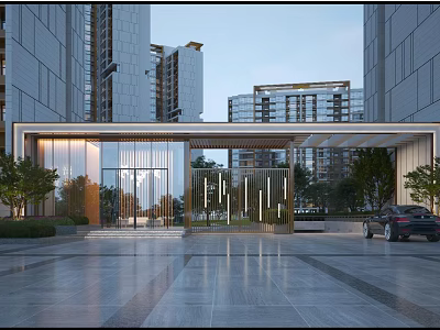 Modern Entrance Gate Featuring Glass Doors Metal Frame Trees And Car In High Rise Complex 3d model