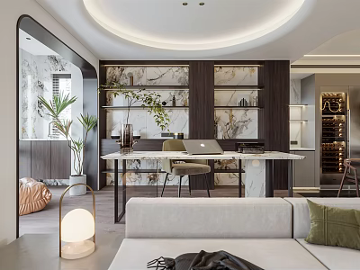 Modern Living And Dining Area Interior With Sofa Dining Table Shelves And Plants 3d model