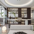 Modern Living And Dining Area Interior With Sofa Dining Table Shelves And Plants