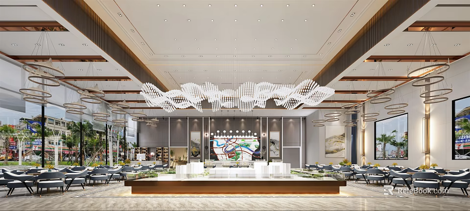 Modern Sales Office Interior With Spacious Reception Area Sand Table Model And Elegant Chandelier Design 3d model 