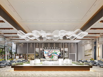 Modern Sales Office Interior With Spacious Reception Area Sand Table Model And Elegant Chandelier Design 3d model