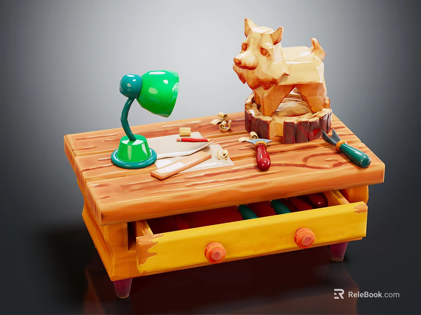 Functional Wooden Desk with Green Desk Lamp Wooden Dog Sculpture Tools and Red Knob Drawer 3d model 