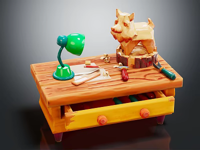 Functional Wooden Desk with Green Desk Lamp Wooden Dog Sculpture Tools and Red Knob Drawer 3d model