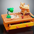 Functional Wooden Desk with Green Desk Lamp Wooden Dog Sculpture Tools and Red Knob Drawer