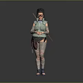 Ninja Style Character With Black Long Hair Green Vest Arm Bandages And Long Staff