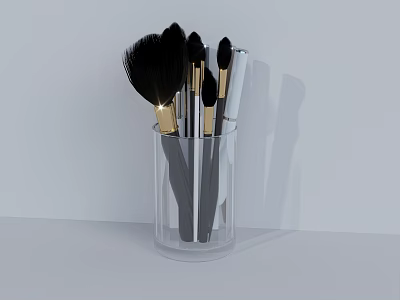 Professional Makeup Brushes Set In Transparent Holder With Black Bristles And Gold Handles 3d model