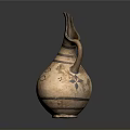 Ancient Hand Carved Terracotta Sculpture Vessel With Long Spout Handle And Patterns