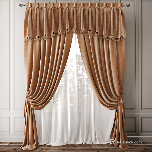 Elegant Brown Pleated Curtain with Tassel Trim and White Sheer Panel on White Wall 3d model 