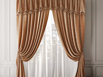 Elegant Brown Pleated Curtain with Tassel Trim and White Sheer Panel on White Wall 3d model