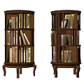 Round Wooden Bookcases With Multiple Shelves Filled With Books And Ornate Legs