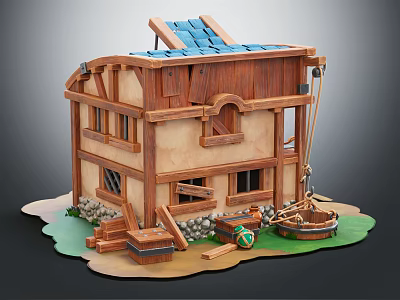 Cartoon Scene of Wooden House with Blue Roof Windows Barrel Wheel Tools Grass Stone Foundation 3d model