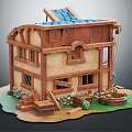 Cartoon Scene of Wooden House with Blue Roof Windows Barrel Wheel Tools Grass Stone Foundation