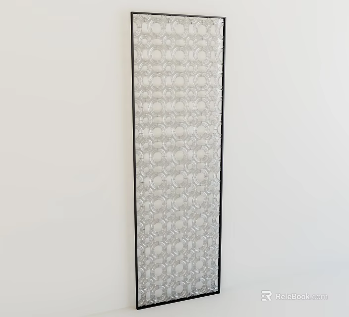 Modern Glass Partition With Geometric Ring Pattern And Metal Frame Design 3d model