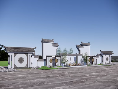 Traditional Chinese Scenic Wall With White Walls Gray Roofs Circular Windows And Green Plants 3d model