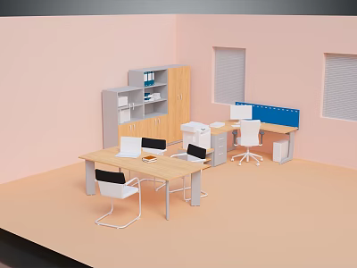Cozy Dining Space With Pink Walls Wooden Table And White Chairs 3d model