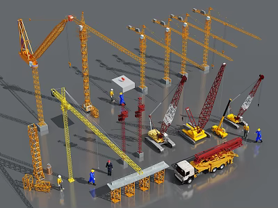 Industrial Equipment at Construction Site with Tower Cranes Mobile Cranes and Truck 3d model