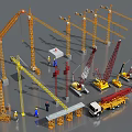 Industrial Equipment at Construction Site with Tower Cranes Mobile Cranes and Truck