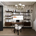 Study Room Interior Design With Shelves Books Wooden Desk White Chair And Chandelier