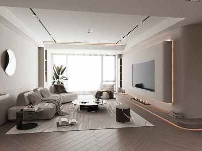 Modern Living Room Interior With Light Gray Sofa Round Mirror And Floor To Ceiling Windows 3d model