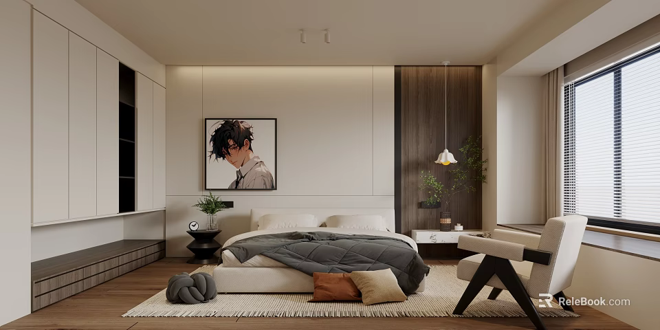 Modern Minimalist Bedroom Interior Design With Bed Artwork Rug And Accent Chair 3d model 