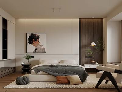 Modern Minimalist Bedroom Interior Design With Bed Artwork Rug And Accent Chair 3d model