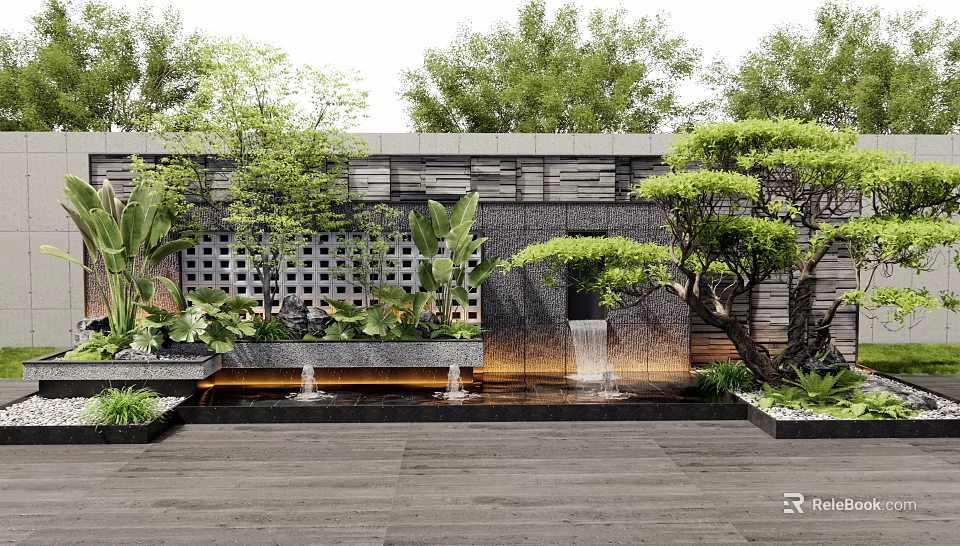 Stylish Landscape Wall Design With Grid Pattern Green Plants Waterfall And Stone Pavement 3d model