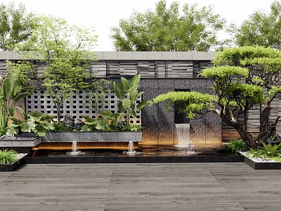 Stylish Landscape Wall Design With Grid Pattern Green Plants Waterfall And Stone Pavement 3d model