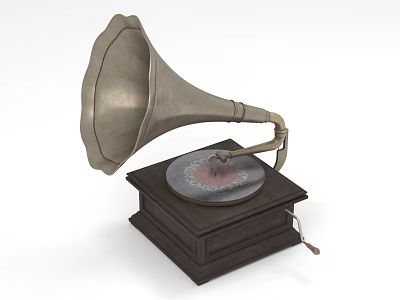 Vintage Phonograph Decorative Ornament Set With Wooden Base And Metal Horn 3d model