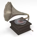Vintage Phonograph Decorative Ornament Set With Wooden Base And Metal Horn