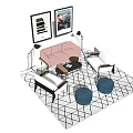 Sofa Coffee Table Set With Chairs Blue Ottomans Wall Art Floor Lamps On Geometric Rug