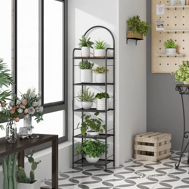 Black Multi Tiered Indoor Plant Shelf With Various Potted Greenery 3d model