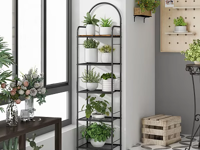 Black Multi Tiered Indoor Plant Shelf With Various Potted Greenery 3d model