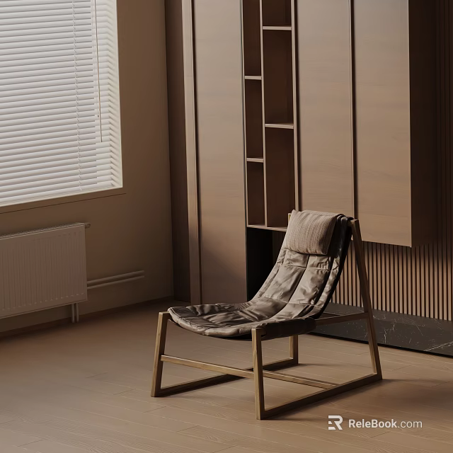 Modern Leisure Chair With Metal Frame And Gray Cushion In Wooden Indoor Setting With Blinds 3d model 