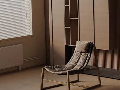 Modern Leisure Chair With Metal Frame And Gray Cushion In Wooden Indoor Setting With Blinds 3d model