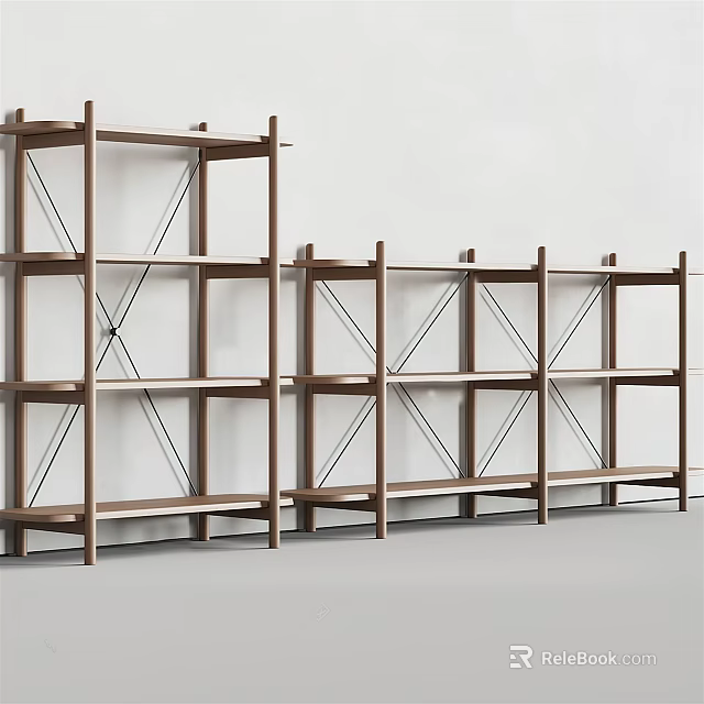 Wooden Open Shelving Units With Cross Braces For Storage And 3d model 