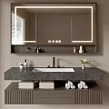 Modern Bathroom Vanity With LED Mirror Black Countertop And Towel Storage