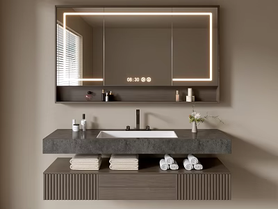Modern Bathroom Vanity With LED Mirror Black Countertop And Towel Storage 3d model