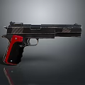 Black and Red Pistol With Metallic Finish On Gray Background Showing Reflection