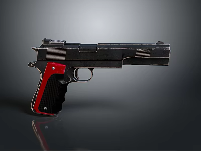 Black and Red Pistol With Metallic Finish On Gray Background Showing Reflection 3d model