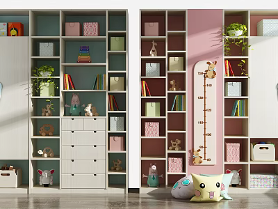 Colorful Kids Room Decorative Display Cabinet With Books Stuffed Toys Green Plants And Height Chart 3d model