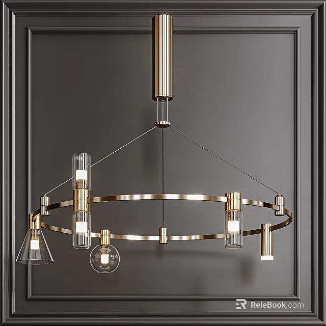 Modern Gold Circular Chandelier with Metal Frame and Glass Light Fixtures 3d model 
