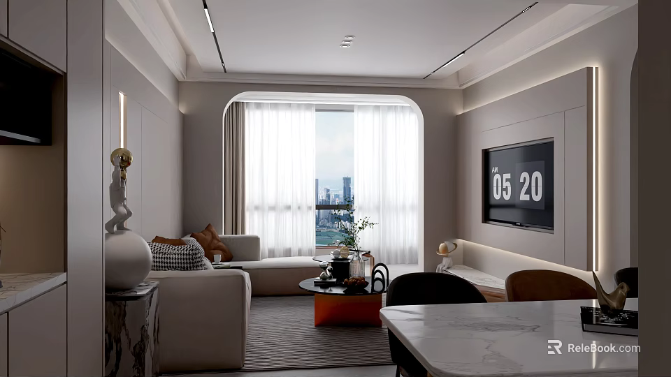 Modern Living and Dining Room Interior With Beige Sofa Marble Coffee Table TV City View 3d model 