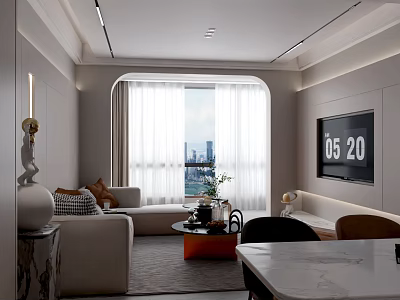 Modern Living and Dining Room Interior With Beige Sofa Marble Coffee Table TV City View 3d model