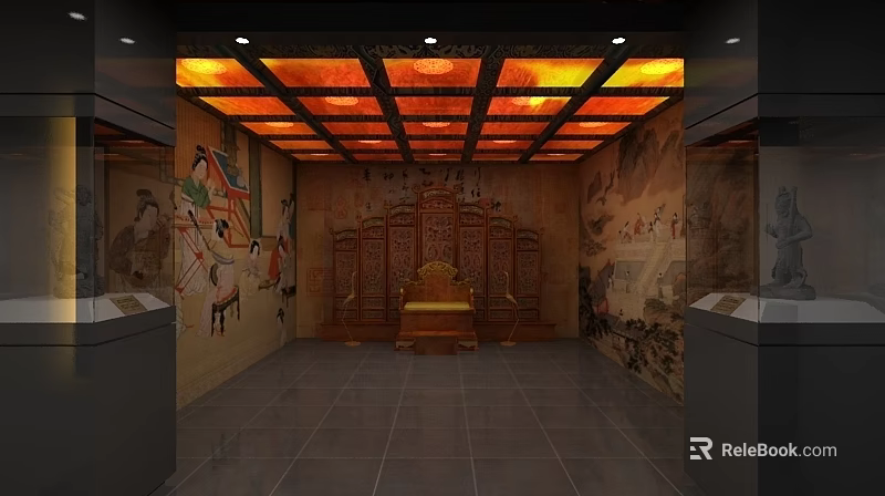 Traditional Culture Center Interior With Mural Paintings Wooden Screens And Golden Chair 3d model 