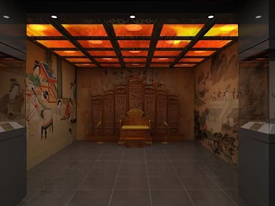 Traditional Culture Center Interior With Mural Paintings Wooden Screens And Golden Chair 3d model