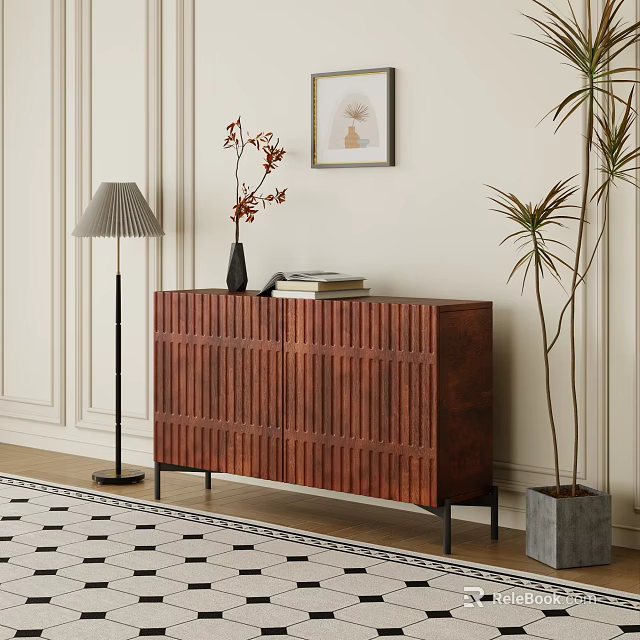 Wooden Entryway Side Cabinet With Decorative Vase Books Floor Lamp And Plants 3d model 