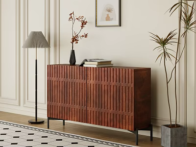 Wooden Entryway Side Cabinet With Decorative Vase Books Floor Lamp And Plants 3d model