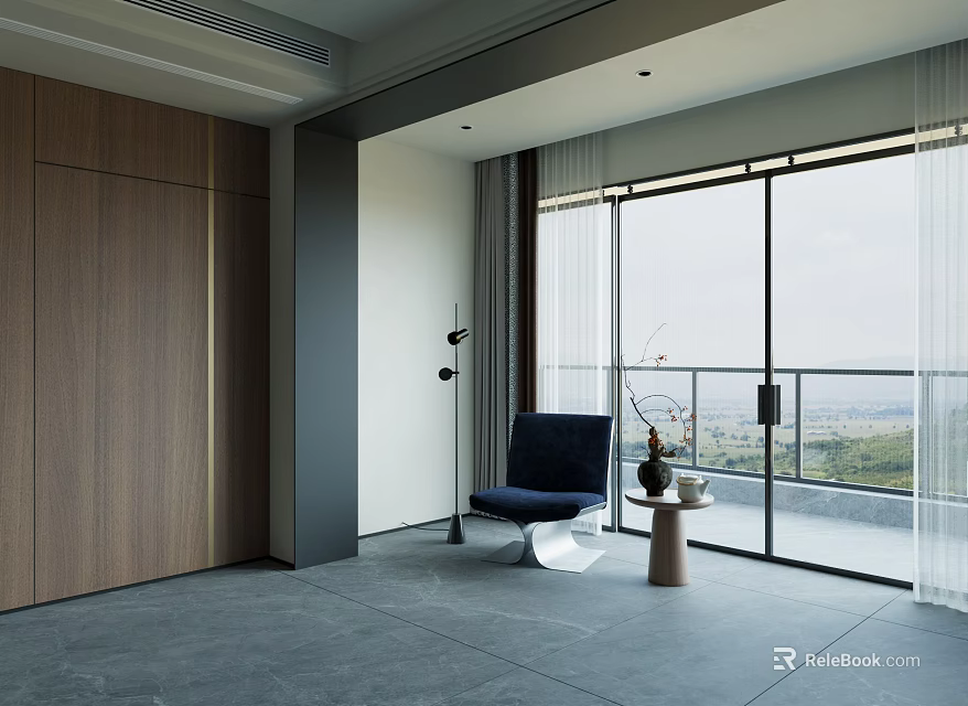 Modern Lounge Chair In Minimalist Interior With Large Windows Wooden Wall And Gray Floor 3d model 