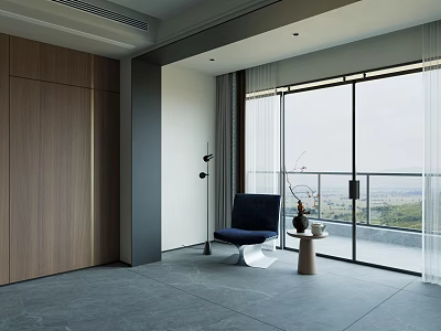 Modern Lounge Chair In Minimalist Interior With Large Windows Wooden Wall And Gray Floor 3d model
